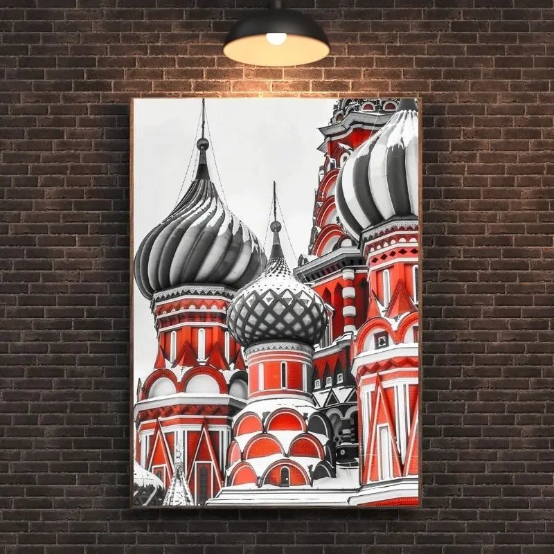 Artistic depiction of Saint Basil's Cathedral in red, black, and white.