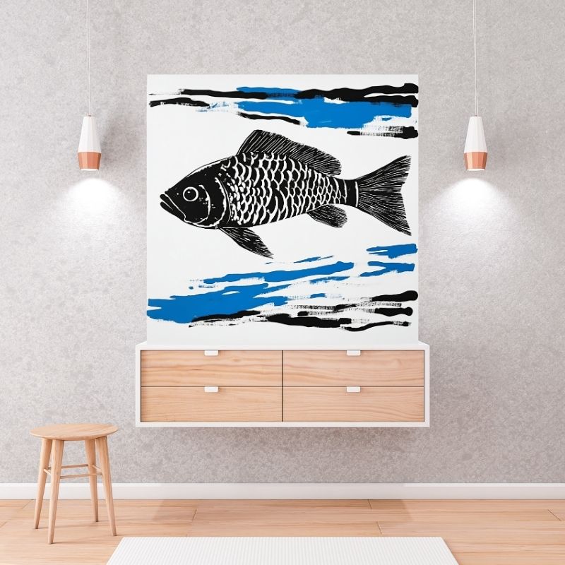 Poster Affiche dessin poisson noir et blanc touche de bleu