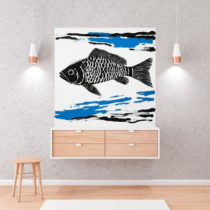 Poster Affiche dessin poisson noir et blanc touche de bleu