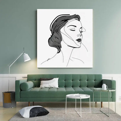 Tableau Portrait Femme Diva Dessin Moderne Visage Traits Noir et Blanc 1