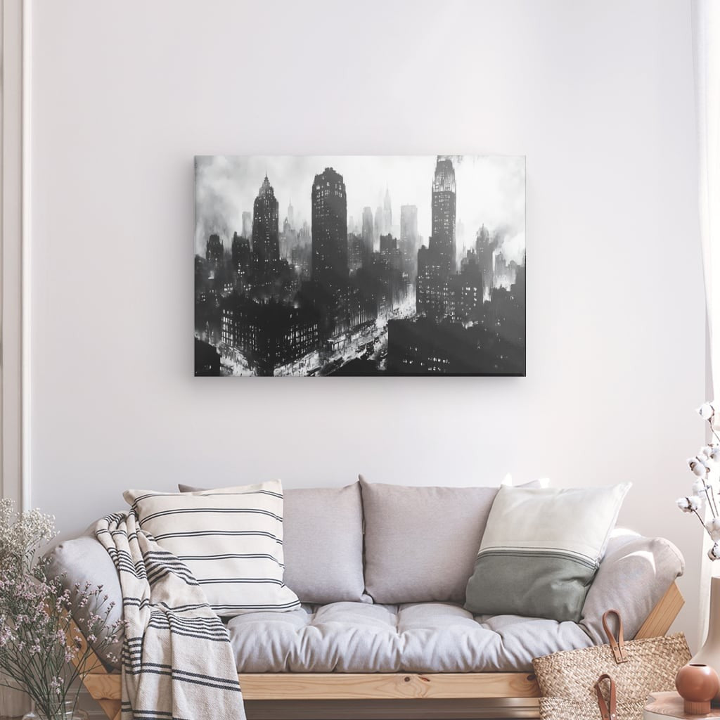 Tableau ville peinture buildings noir et blanc Univers Noir et Blanc 