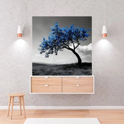 Tableau Campagne Monochrome Arbre Feuilles Bleues 1