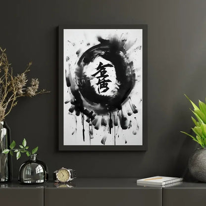 Tableau Abstrait Symboles Chinois Noir et Blanc 1