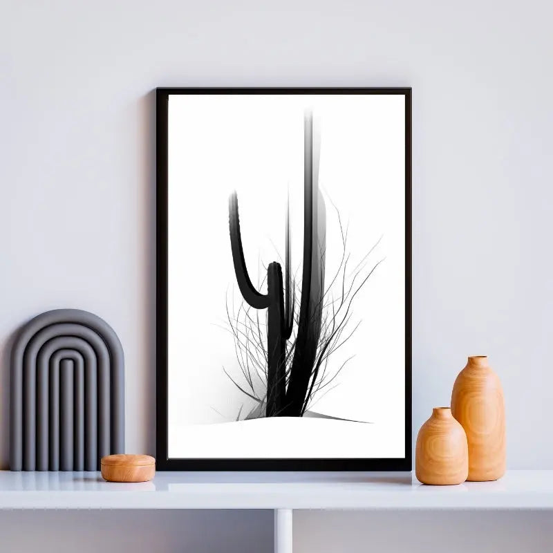 Tableau Cactus Minimaliste Art Moderne Abstrait Noir et Blanc 1