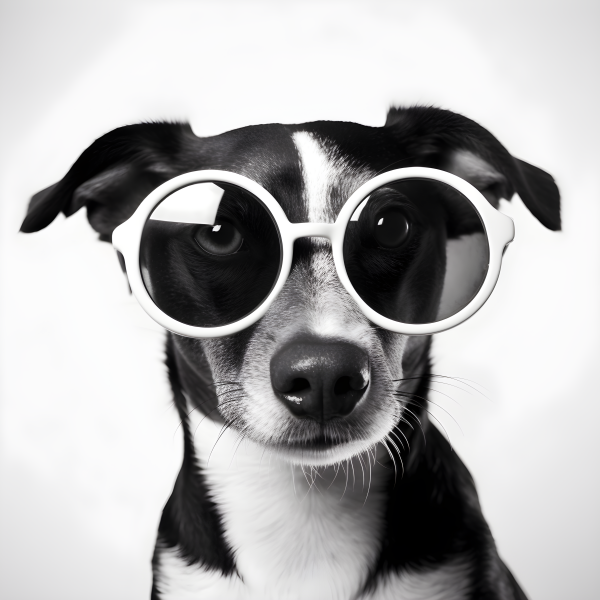 Un chien noir et blanc portant de grandes lunettes rondes blanches, regardant directement la caméra sur un fond uni, crée un charmant Tableau Chien Lunettes Noir et Blanc Drôle et Mignon Portrait Animal, ce qui en fait une pièce parfaite pour la décoration intérieure.