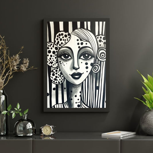 Tableau portrait naïf femme noir et blanc Univers Noir et Blanc 