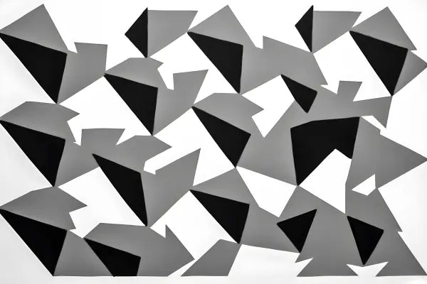 Oeuvre abstraite présentant un motif de formes géométriques irrégulières et superposées noires, grises et blanches sur fond blanc, incarnant l'essence du Tableau Formes Géométriques Noir et Blanc Art Abstrait Minimaliste Triangles Modernes.