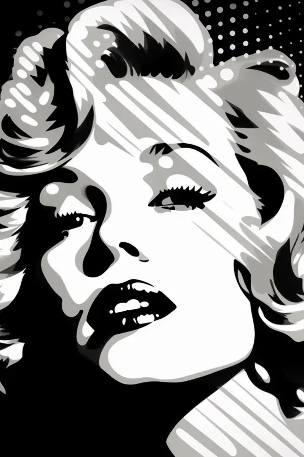 Illustration pop art en noir et blanc d'un visage de femme, rappelant un Tableau Portrait Marilyn Pop Art Toile Noir et Blanc, avec des ombres et des reflets audacieux, mettant en valeur ses cheveux ondulés et son maquillage glamour.