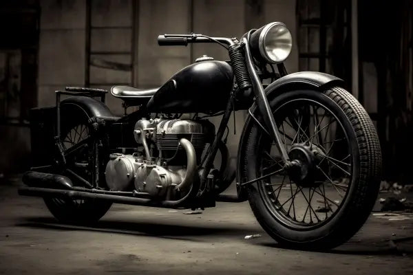 Un Tableau Moto Rétro Vintage Noir et Blanc avec une carrosserie noire et un phare rond est garé à l'intérieur sur un sol en béton. Le fond du tableau noir et blanc est faiblement éclairé, révélant des éléments industriels.