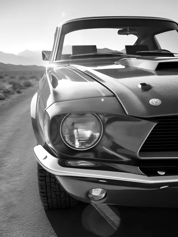 Une photo en noir et blanc montre une Mustang Tableau Voiture Vintage Noir et Blanc Muscle Car avec des phares proéminents et une prise d'air sur le capot, garée sur un chemin de terre avec des montagnes visibles en arrière-plan.