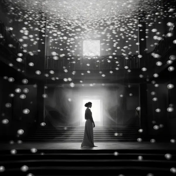 Une danseuse en silhouette vêtue d'une longue robe se tient dans une grande salle, face à une fenêtre lumineuse avec de la lumière entrant et des particules lumineuses flottant comme Tableau Danse Magique Femme Scène Lumineuse Flocons Noir et Blanc.