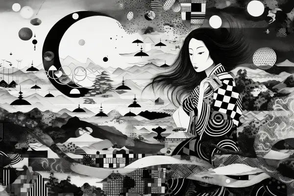 Une illustration Tableau Art Japonais Toile Noir et Blanc d'une femme aux cheveux longs vêtue d'une robe à motifs, dans un paysage surréaliste comportant des montagnes, des formes abstraites et des objets flottants.