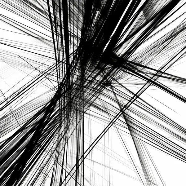 Image abstraite en noir et blanc composée de lignes croisées d'épaisseurs variables, ressemblant à une toile ou à un réseau chaotique, ce Tableau Moderne Lignes Abstraites Noir et Blanc constitue une œuvre d'art abstraite saisissante, parfaite pour la décoration contemporaine.