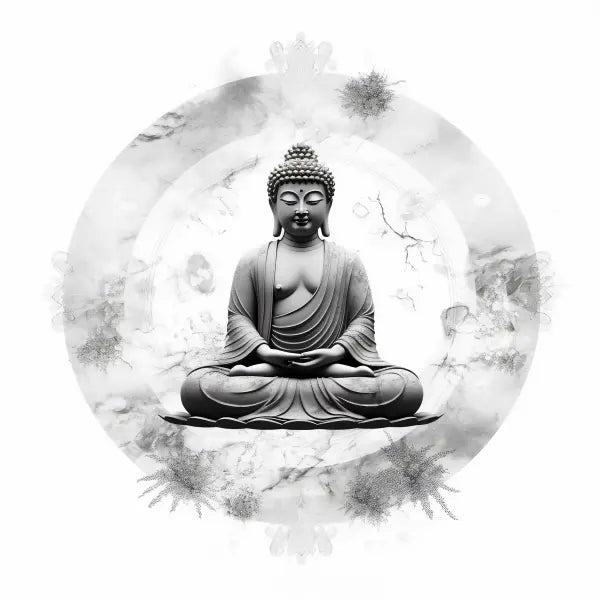 Une statue de Bouddha sereine dans une pose méditative, entourée d'un fond circulaire et brumeux aux motifs floraux et abstraits, illustre une décoration minimaliste. Cette pièce Tableau Carré Bouddha Zen Fond Blanc Moderne Design Monochrome est fabriquée avec une qualité supérieure.