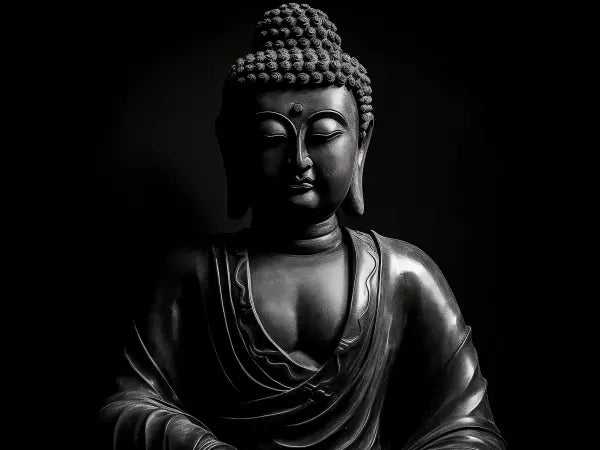 Une image en noir et blanc d'une statue de Bouddha avec des traits détaillés et une expression sereine, sur un fond sombre, crée le Tableau Zen Bouddha Méditation Noir et Blanc parfait pour une décoration intérieure sophistiquée.