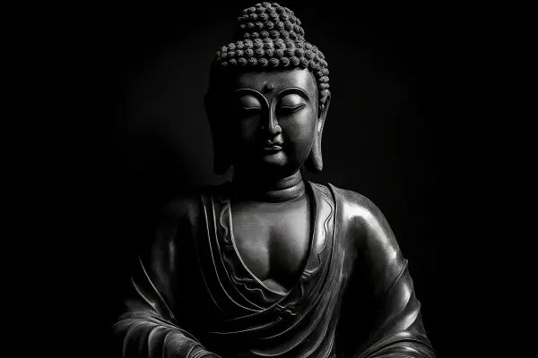 Une photographie sombre et monochrome d'une statue de Bouddha sereine avec des traits du visage détaillés et une robe, sur un fond noir, parfaite pour toute décoration intérieure comme un Tableau Zen Bouddha Méditation Noir et Blanc.