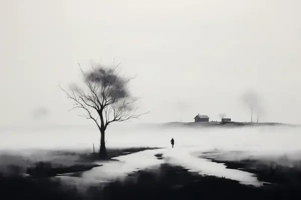 Tableau Peinture Campagne Champ Paysage Noir et Blanc - #tag1# - #tag2# 
