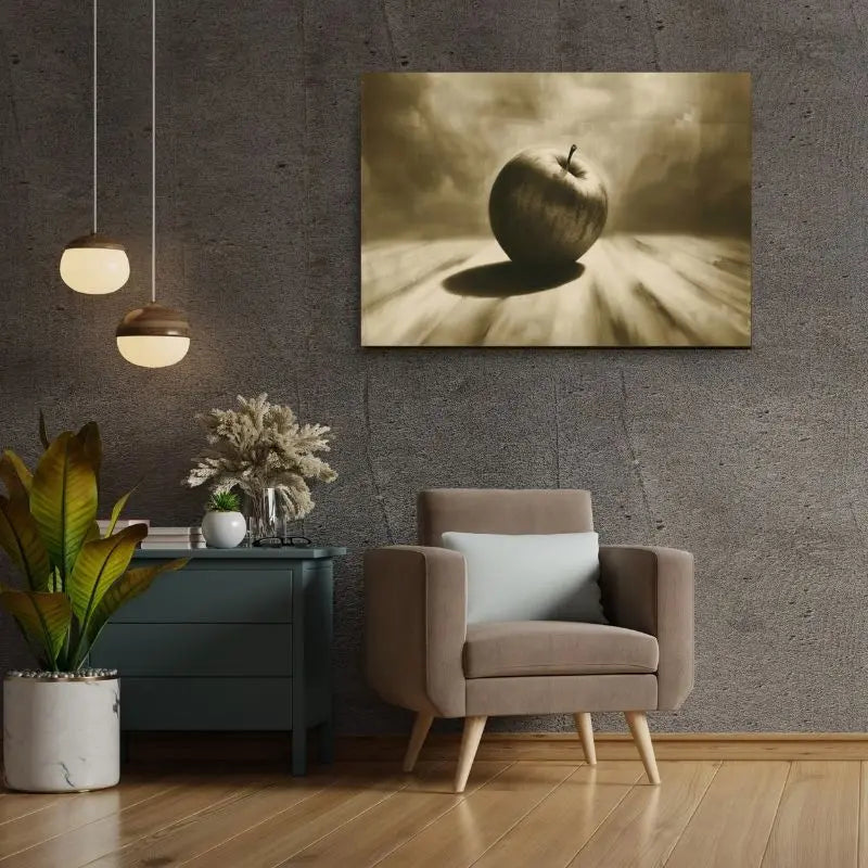 Monochrome art print of a golden apple on a wall.