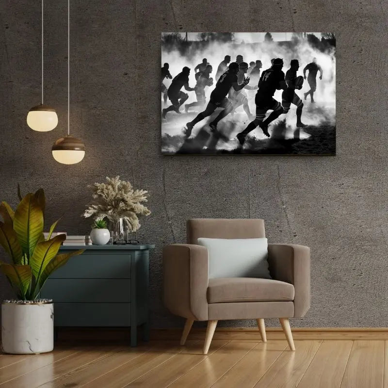 Illustration of rugby players in action, black and white artwork.