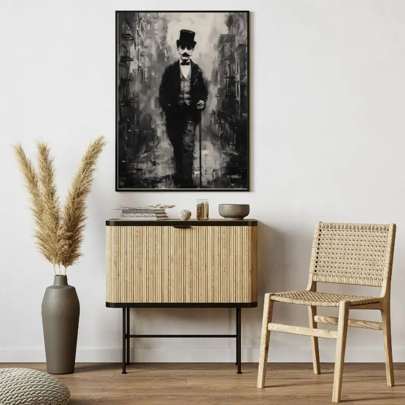 Un tableau monochrome Charlie Chaplin Noir et Blanc est accroché au mur au-dessus d'une armoire en osier. Un vase contenant des plantes séchées, un petit bol en céramique et une chaise tressée sont placés à proximité.