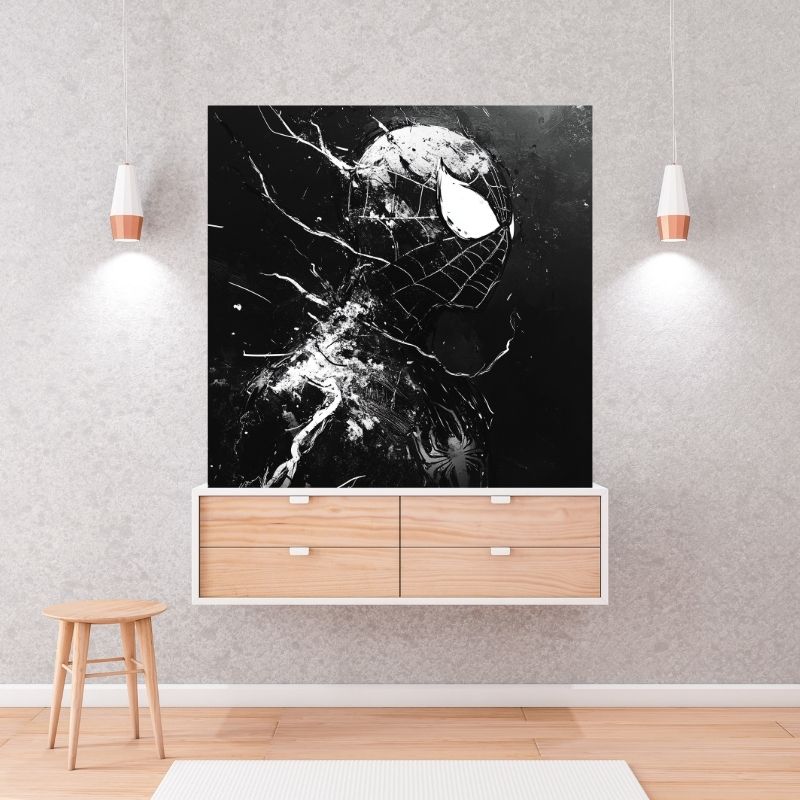 Tableau peinture monochrome Spiderman face sombre Univers Noir et Blanc 