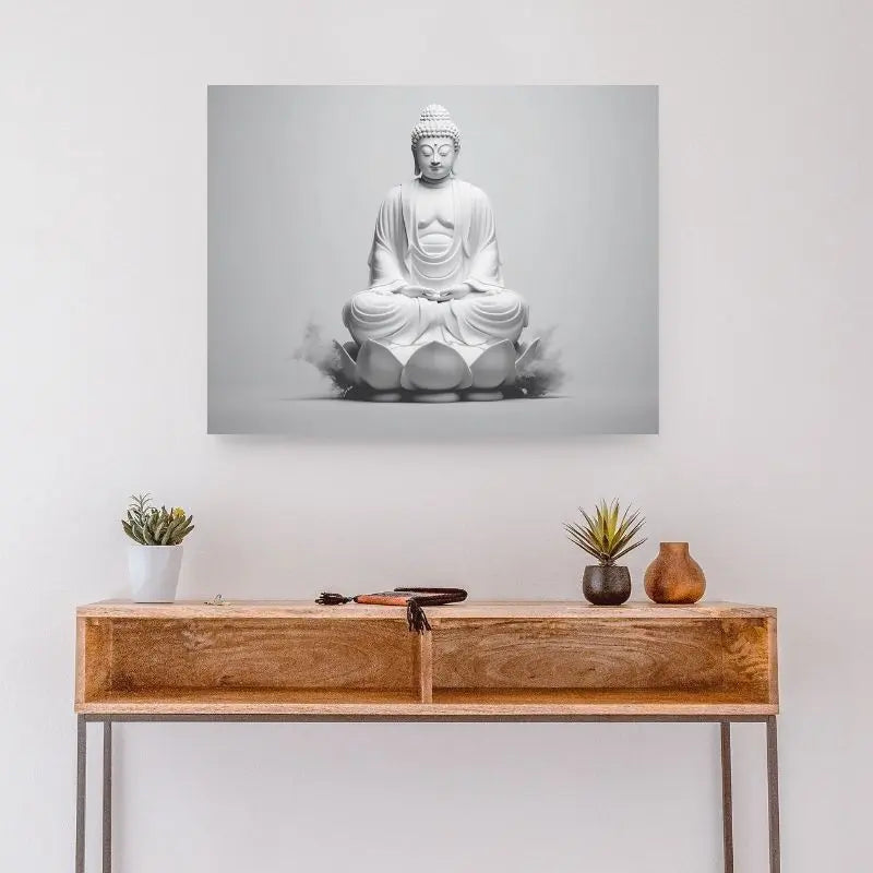 Tableau Bouddha Fleur de Lotus Design Monochrome Gris Moderne 1