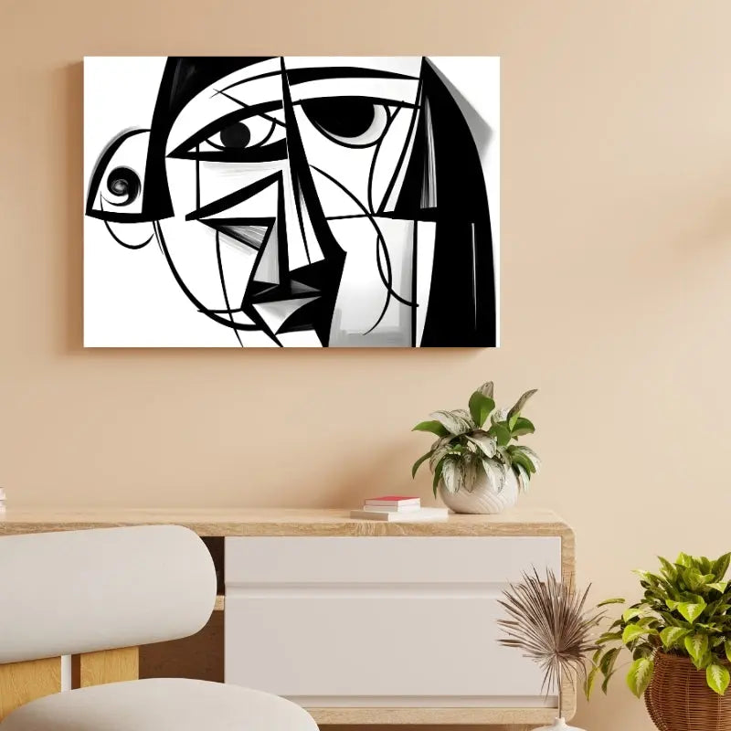 Tableau Abstrait Style Picasso Cubisme Moderne Noir et Blanc 1