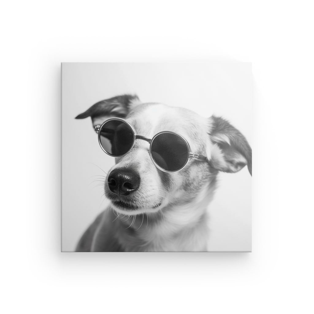 Une photo en noir et blanc d'un chien portant des lunettes de soleil rondes, affichée sur une toile carrée blanche sur fond blanc, se transforme en un tableau d'art monochrome Chien Drôle Lunettes Noir et Blanc Humour Mignon.