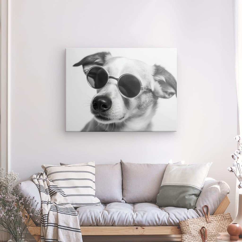 A Chien Drôle Lunettes Noir et Blanc Humour Mignon photo d'un chien portant des lunettes de soleil, exposée comme toile d'exception au-dessus d'un canapé avec des oreillers dans un salon confortable.