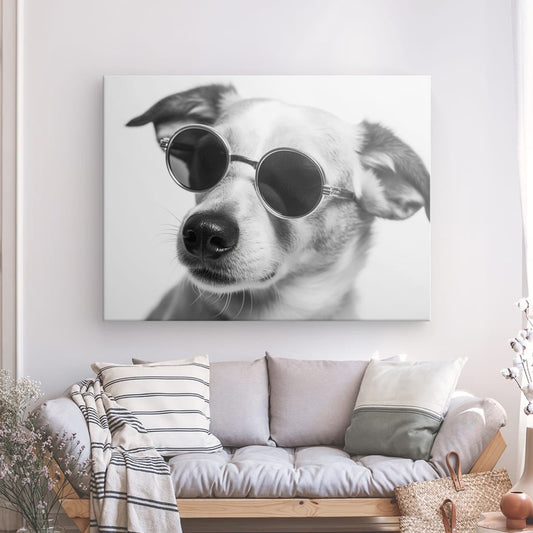 Un Chien Drôle Lunettes Noir et Blanc Humour Mignon monochrome représentant un chien portant des lunettes de soleil est suspendu au-dessus d'un coin salon confortable avec un canapé et des oreillers décoratifs.