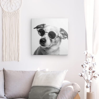 A Chien Drôle Lunettes Noir et Blanc Humour Mignon photo d'art d'un chien portant des lunettes de soleil, montée sur un mur du salon, complétée par un canapé confortable et des objets de décoration.