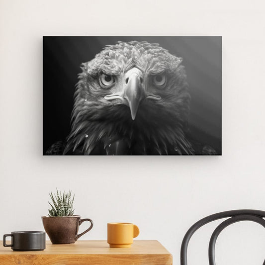 Une photo en noir et blanc d'un Tableau Aigle Rapace Portrait Animal Noir et Blanc est accrochée sur un mur blanc au-dessus d'une table en bois avec une plante en pot, une tasse marron et une tasse jaune. Une chaise noire est partiellement visible, ajoutant à l'ambiance art contemporain.