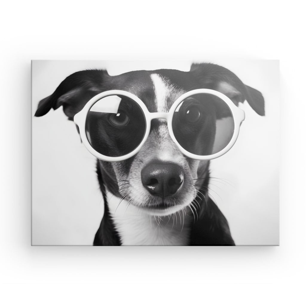 Photo en noir et blanc d’un chien portant de grandes lunettes de soleil rondes. Le chien regarde directement la caméra, avec une expression neutre, parfaite pour ajouter une touche de fantaisie à votre décoration intérieure. Ce Tableau Chien Lunettes Noir et Blanc Drôle et Mignon Portrait Animal capture l'essence d'un portrait animal en noir et blanc.