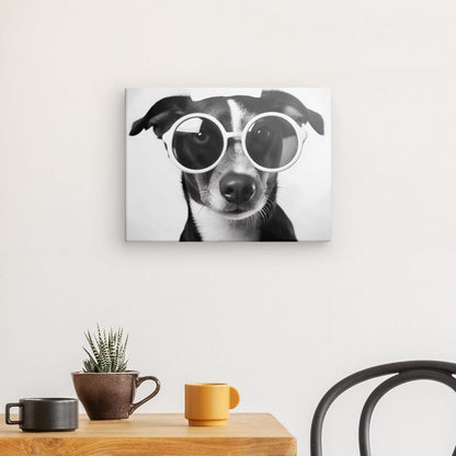 Un superbe Tableau Chien Lunettes Noir et Blanc Drôle et Mignon Portrait Animal présente un portrait animalier en noir et blanc en noir et blanc d'un chien portant de grandes lunettes de soleil rondes, accroché élégamment sur un mur blanc au-dessus d'une table en bois décorée d'une plante et de deux tasses. Cette pièce de décoration intérieure ajoute du charme et du caractère à n'importe quelle pièce.
