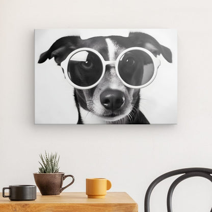 Un portrait animalier en noir et blanc en noir et blanc d'un chien portant de grandes lunettes rondes, intitulé Tableau Chien Lunettes Noir et Blanc Drôle et Mignon Portrait Animal, est exposé sur un mur blanc au-dessus d'une table en bois avec trois tasses et une petite plante en pot. . Une chaise noire est partiellement visible au premier plan, ajoutant à la décoration intérieure chic.