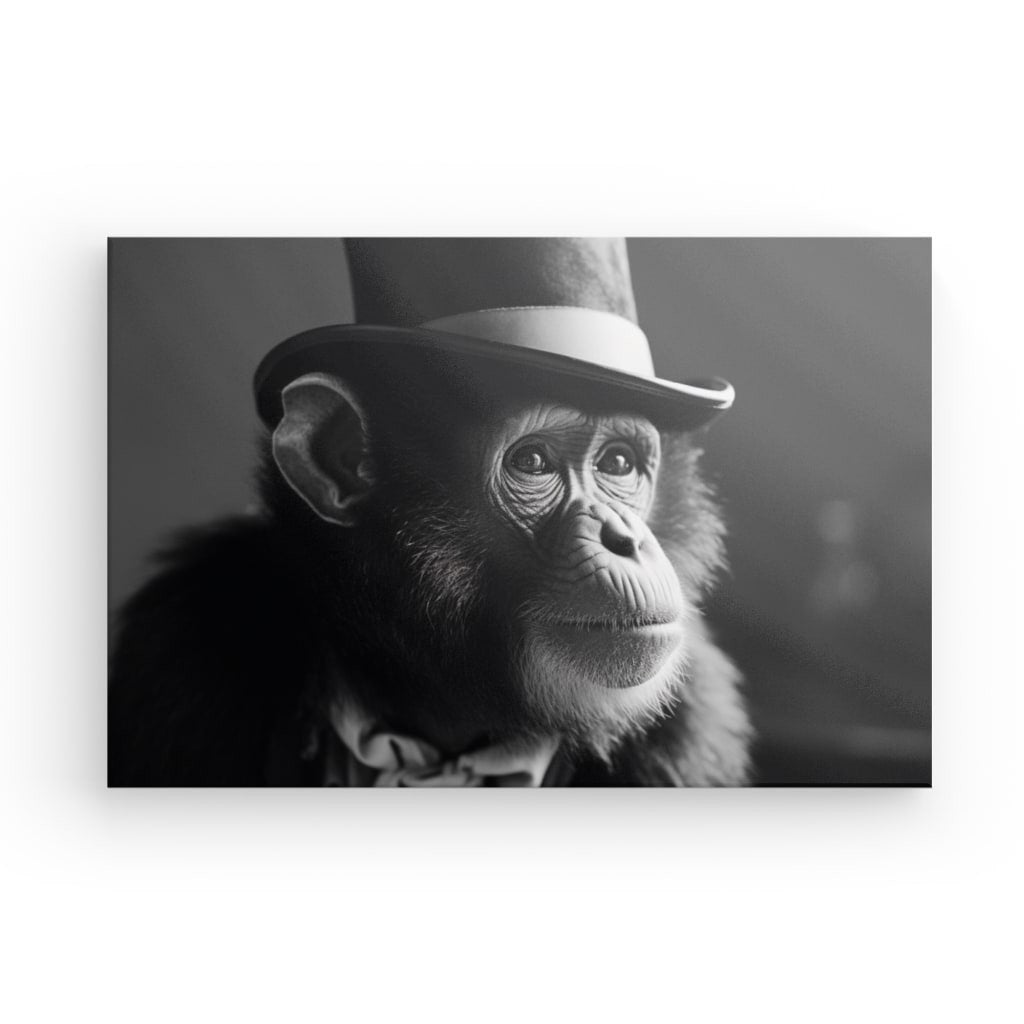 Une photo en noir et blanc représente un Tableau Chimpanzé Singe Drôle Chapeau Mignon Noir et Blanc portant un haut-de-forme et un nœud papillon, regardant sur le côté avec une expression neutre.