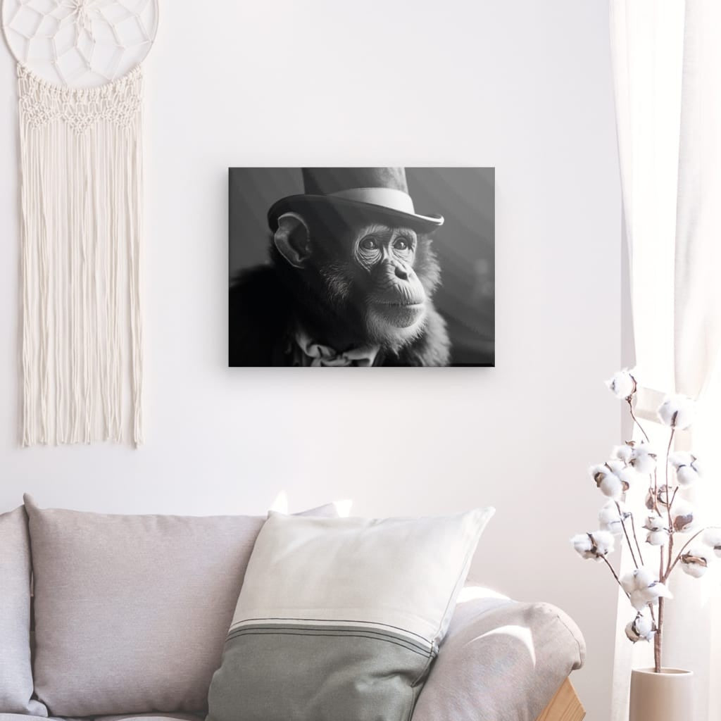 Tableau Chimpanzé Singe Drôle Chapeau Mignon Noir et Blanc