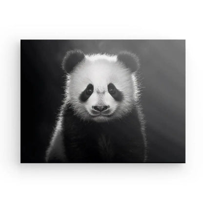 Photo en noir et blanc d'un panda tourné vers l'avant, à l'expression neutre, présenté en gros plan et centré sur un fond uni. Ce saisissant Tableau Panda Portrait Jungle Animal Noir et Blanc capture l'essence sereine de cet animal de la jungle bien-aimé.