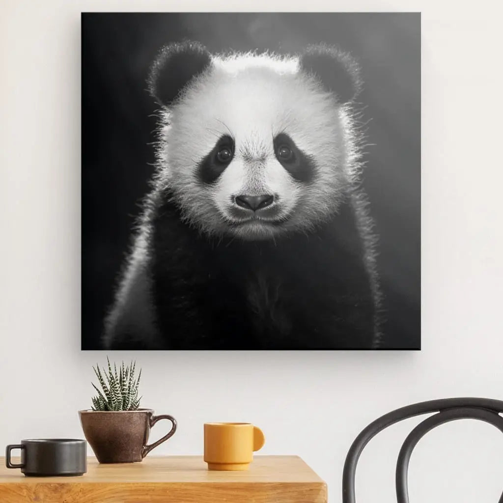 Une photographie en noir et blanc d'un panda, intitulée "Tableau Panda Portrait Jungle Animal Noir et Blanc", est exposée sur un mur au-dessus d'une table en bois avec une petite plante en pot et deux tasses à café.