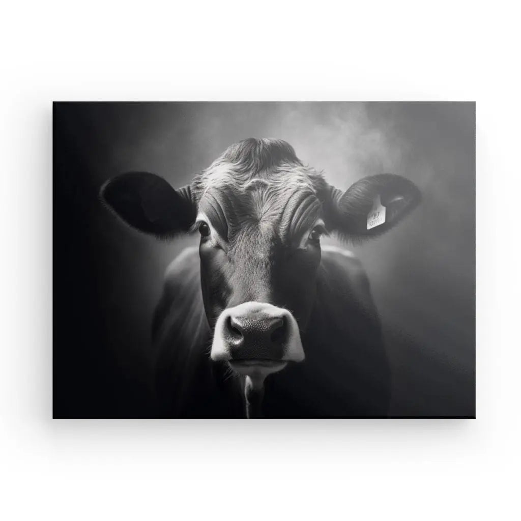 Photographie en noir et blanc d'une vache Tableau Vache Portrait Bovin Race Limousine Noir et Blanc face à l'appareil photo, avec un arrière-plan flou et légèrement enfumé. La vache a une étiquette sur une oreille, créant un portrait bovin captivant.