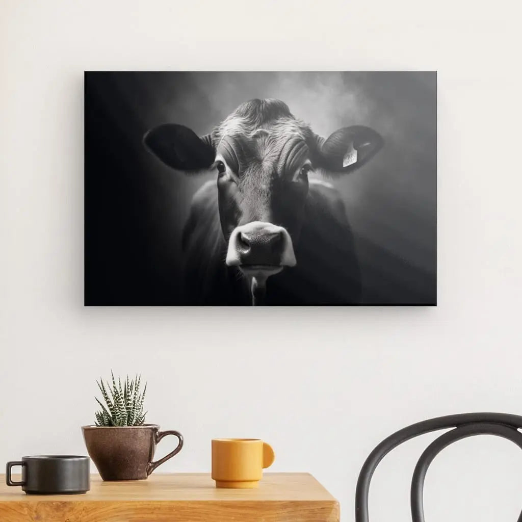 Une photographie encadrée en noir et blanc intitulée « Tableau Vache Portrait Bovin Race Limousine Noir et Blanc » est accrochée sur un mur blanc au-dessus d'une table en bois avec une plante en pot, une tasse marron et une tasse jaune.