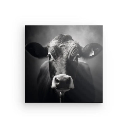 Photographie en noir et blanc d'une vache face à la caméra, ressemblant à un Tableau Vache Portrait Bovin Race Limousine Noir et Blanc. L'arrière-plan est magnifiquement flou, ajoutant une touche artistique à ce Tableau Vache Portrait Bovin Race Limousine Noir et Blanc.