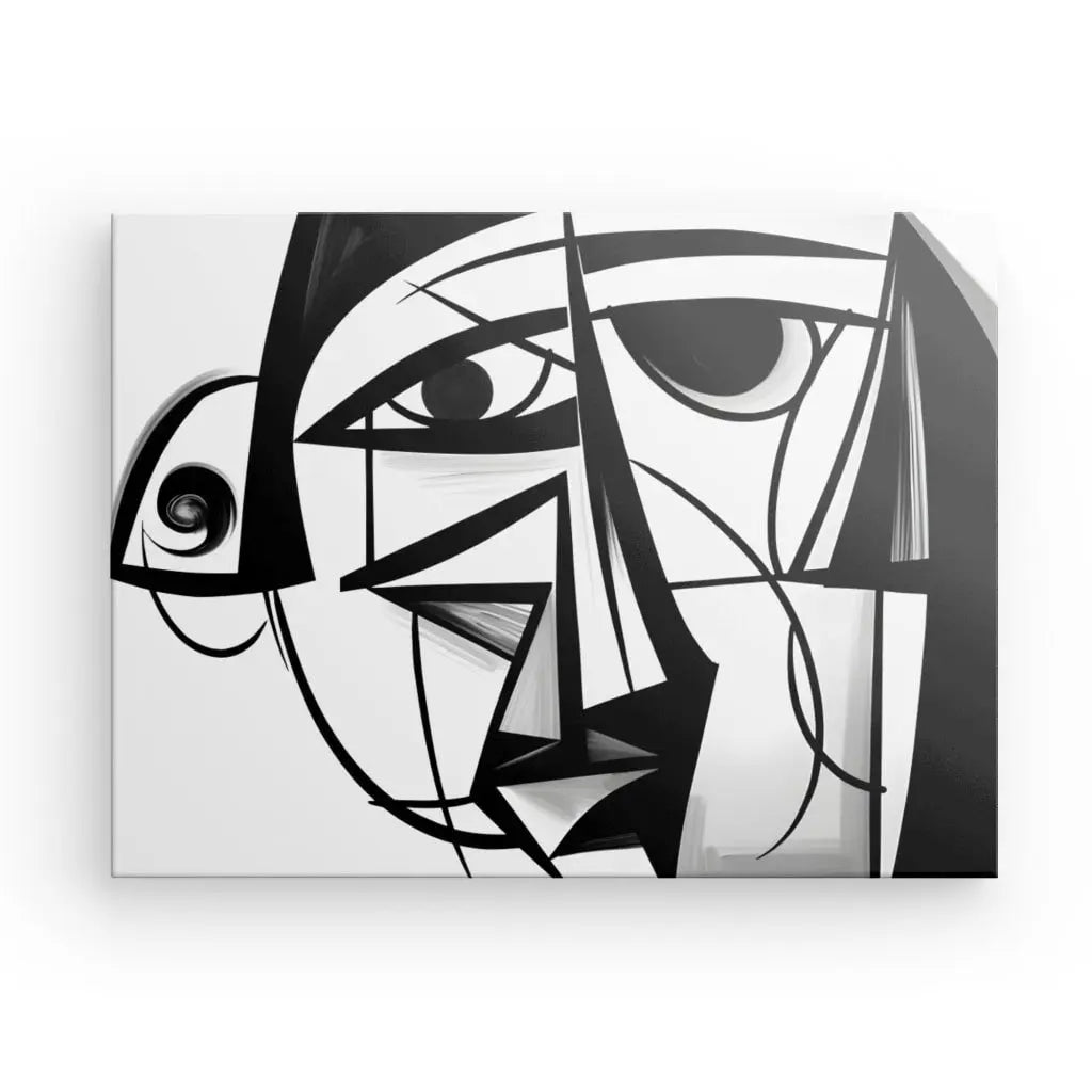 Tableau abstrait Style Picasso Cubisme Moderne Peinture Noir et Blanc représentant un visage humain stylisé avec des formes géométriques et des lignes audacieuses, rappelant le Cubisme de Picasso.