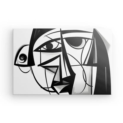 Dessin abstrait en noir et blanc, rappelant le Cubisme de Picasso, présentant des formes géométriques, un œil proéminent et des traits du visage stylisés sur une toile rectangulaire. Ce **Tableau Abstrait Style Picasso Cubisme Moderne Noir et Blanc** capture l'essence de l'art noir et blanc.