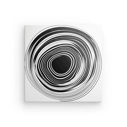 Un Tableau Noir et Blanc Minimaliste Cercle Vinyle Abstrait Monochrome affichant un motif de cercles concentriques noir et blanc minimaliste raffiné, centré par un cercle sombre, sur un fond blanc.