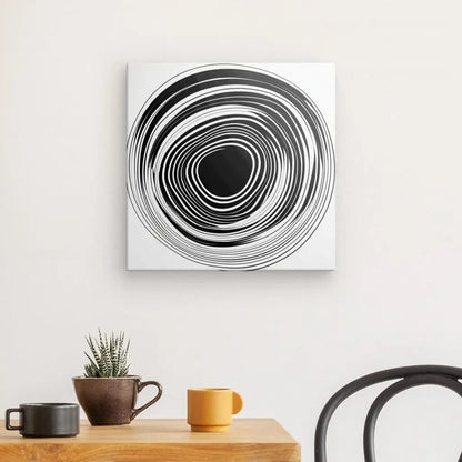 Un Tableau Noir et Blanc Minimaliste Cercle Vinyle Abstrait Monochrome moderne est suspendu à un mur au-dessus d'une petite table avec une plante et une tasse jaune.