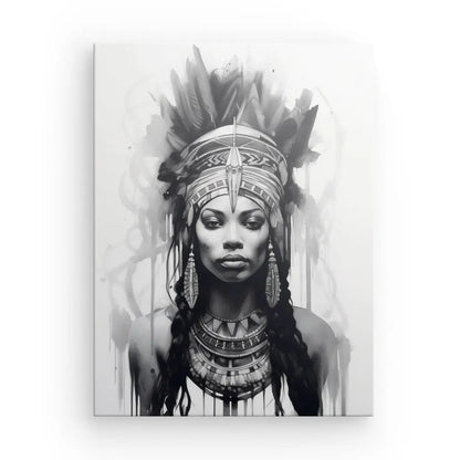 Tableau Portrait Ethnique Femme Coiffe Indienne Design Noir et Blanc