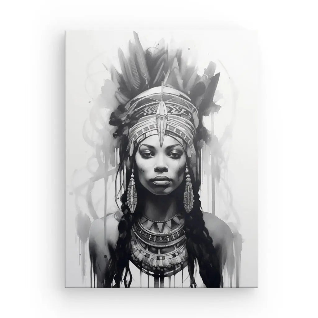 Tableau Portrait Ethnique Femme Coiffe Indienne Design Noir et Blanc - #tag1# - #tag2# 