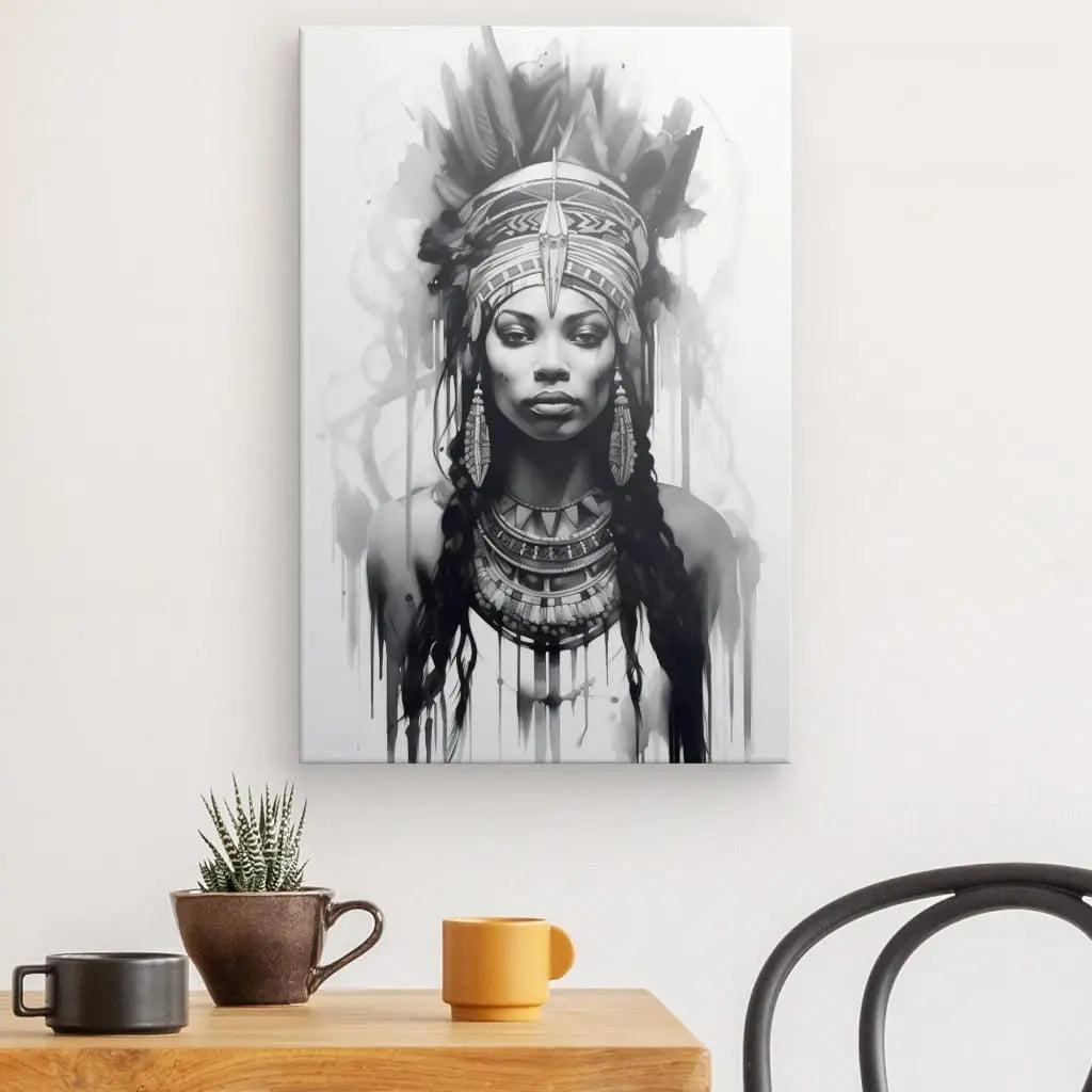 Tableau Portrait Ethnique Femme Coiffe Indienne Design Noir et Blanc - #tag1# - #tag2# 