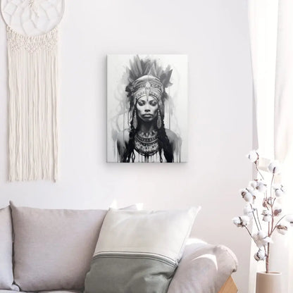 Tableau Portrait Ethnique Femme Coiffe Indienne Design Noir et Blanc